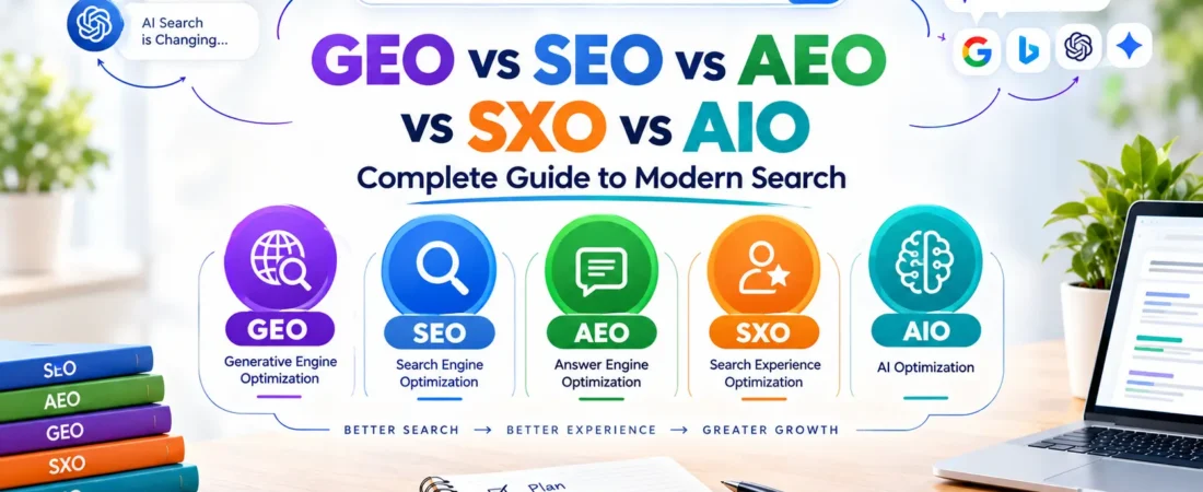 GEO vs SEO vs AEO vs SXO vs AIO: What’s the Difference and Which Strategy Does Your Website Need?