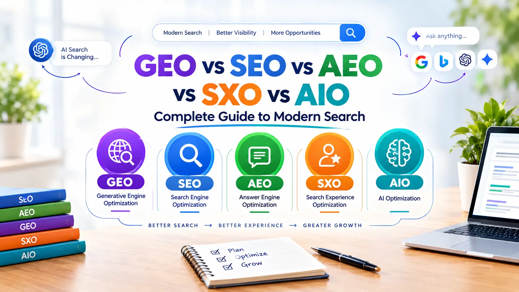 GEO vs SEO vs AEO vs SXO vs AIO: What’s the Difference and Which Strategy Does Your Website Need?